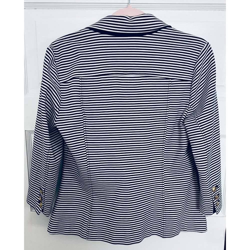 Cabi Navy White Striped Double Breasted Blazer Gold Crest Button Jacket Womens M - Picture 8 of 10